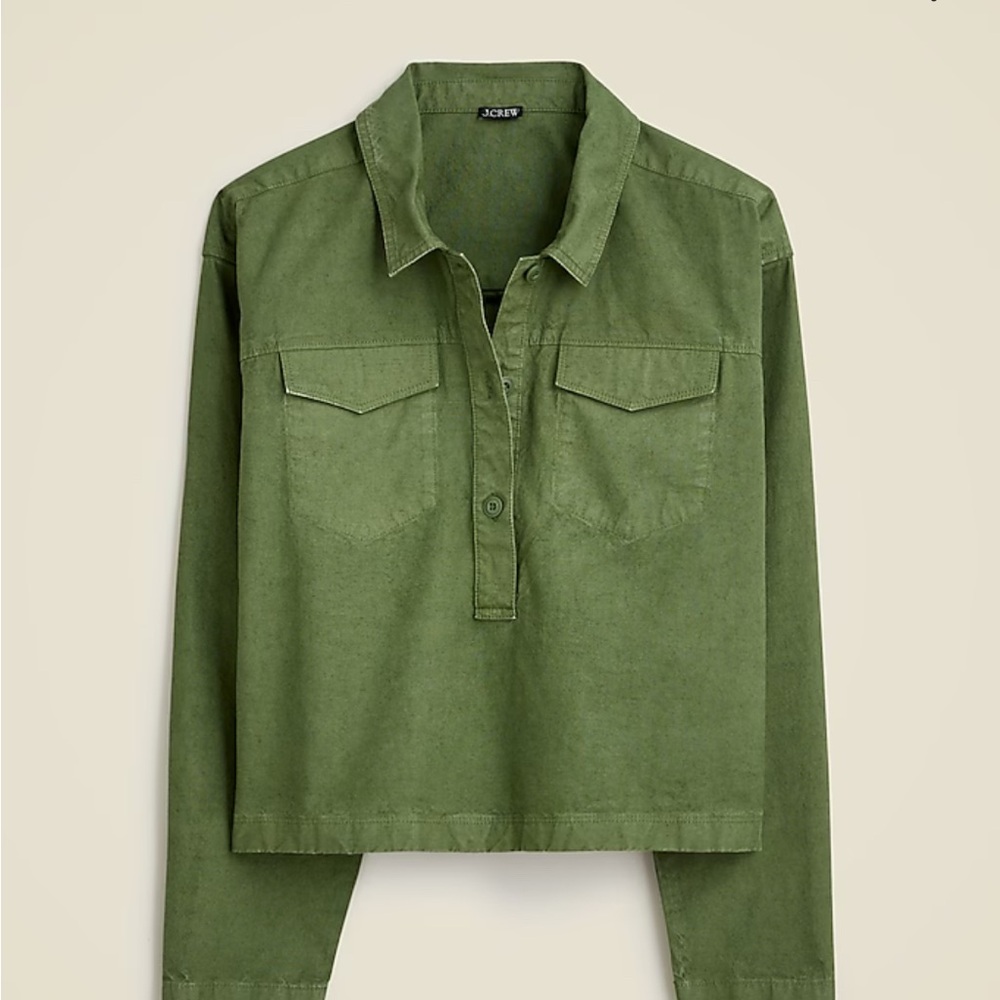 J. Crew Long Sleeve Popover Cropped Shirt in Cotton-linen Blend Olive Green Sm